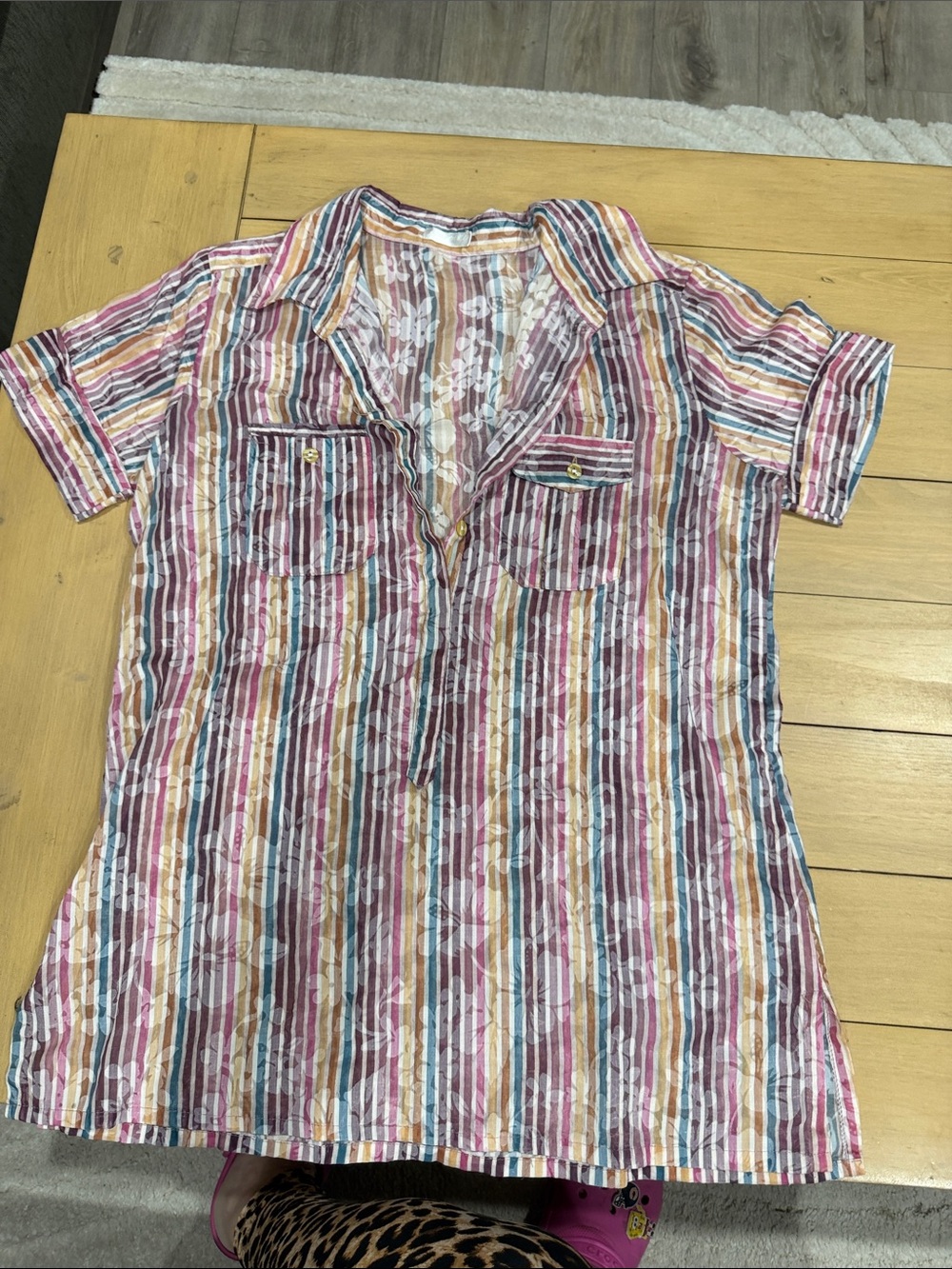 Striped Short Sleeve Button-Front Blouse in Pink, Blue, Mustard